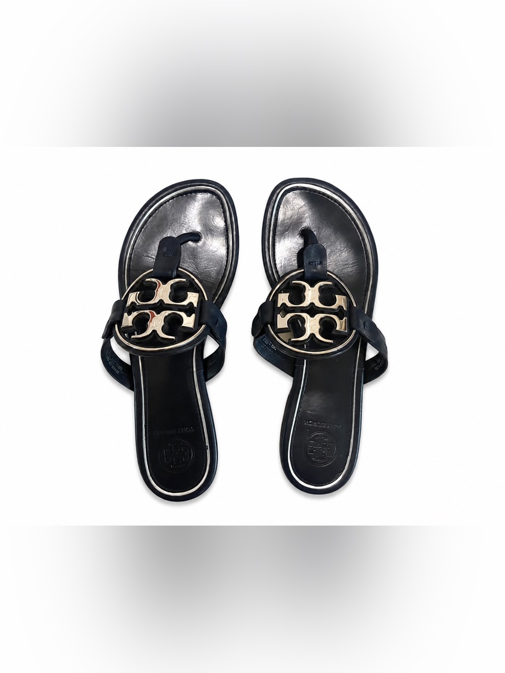 Tory Burch Navy Miller Metal Logo Thong Sandals Silver Size 5